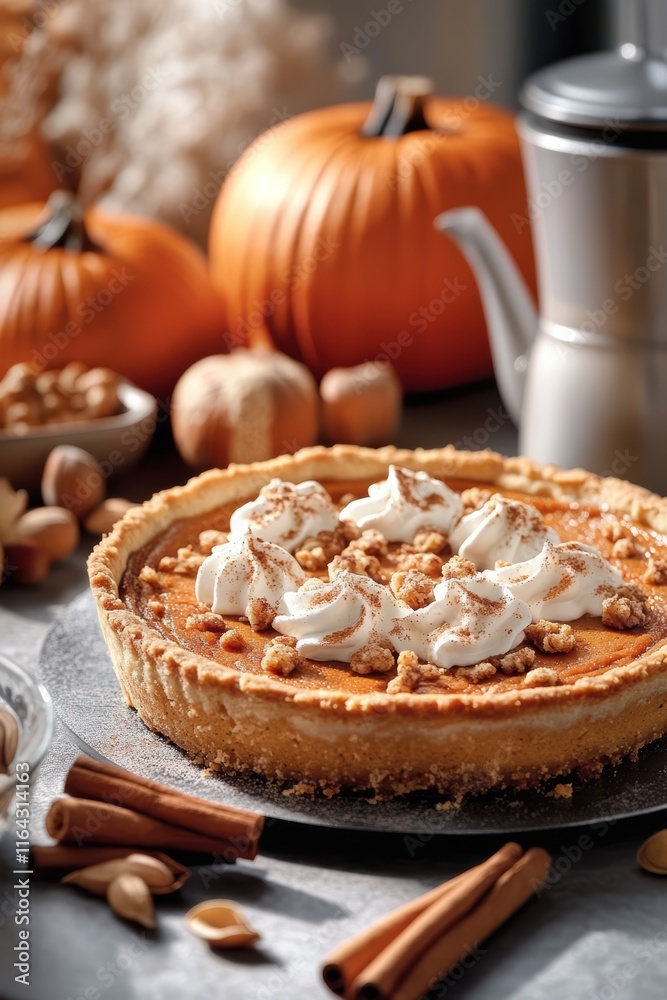 A pumpkin pie with whipped cream and nuts on top is displayed on a table A pumpkin pie with whipped cream and nuts on top is displayed on a table