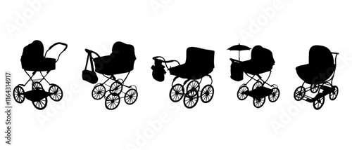Happy baby in a stroller outside vector set of elements for design