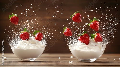   Two bowls of yogurt with strawberries drenching the sides Strawberries ricochet out in flight