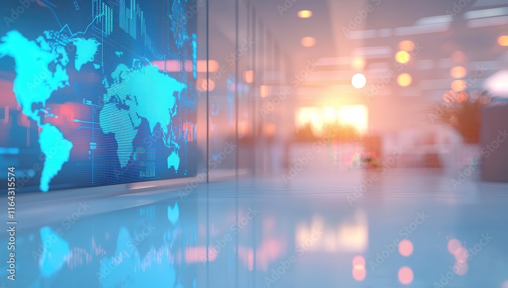 Obraz premium A modern office with radiant blue and magenta global maps
