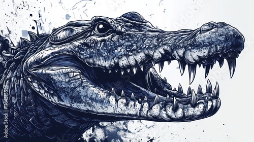 Aggressive crocodile head portrait, detailed ink illustration.