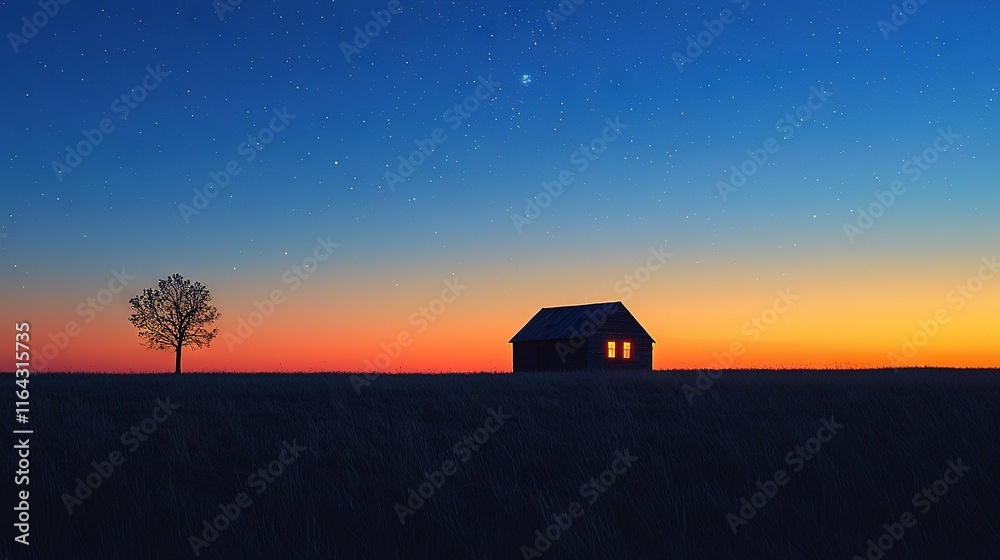 A solitary house stands amidst an open field, framed by a towering tree in the foreground and a stunning star-filled sky in the background A solitary house stands amidst an open field, framed by a towering tree in the foreground and a stunning star-filled sky in the background
