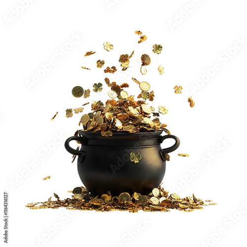 A cauldron overflowing with gold coins and shimmering treasures, creating a captivating display of wealth and fortune.