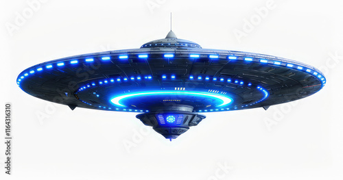 A futuristic flying saucer with blue lights, suggesting advanced technology and extraterrestrial themes. isolated on white background photo