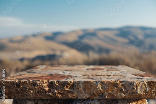 Empty table for product display montages with blurred background of mountains. photo