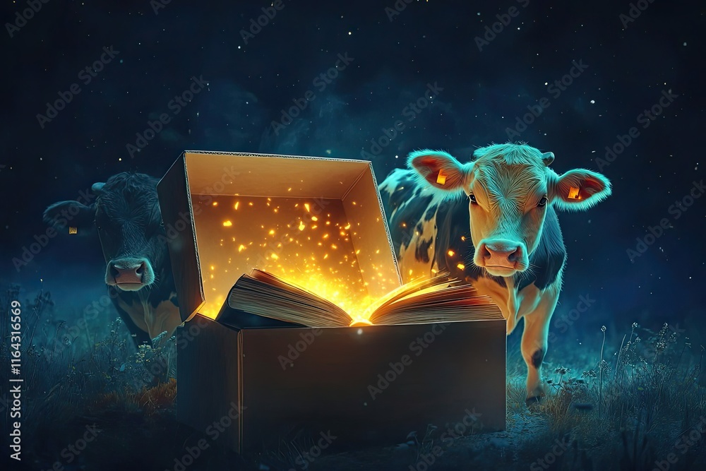Fototapeta premium Two Cows Observe A Magical Glowing Book In A Box