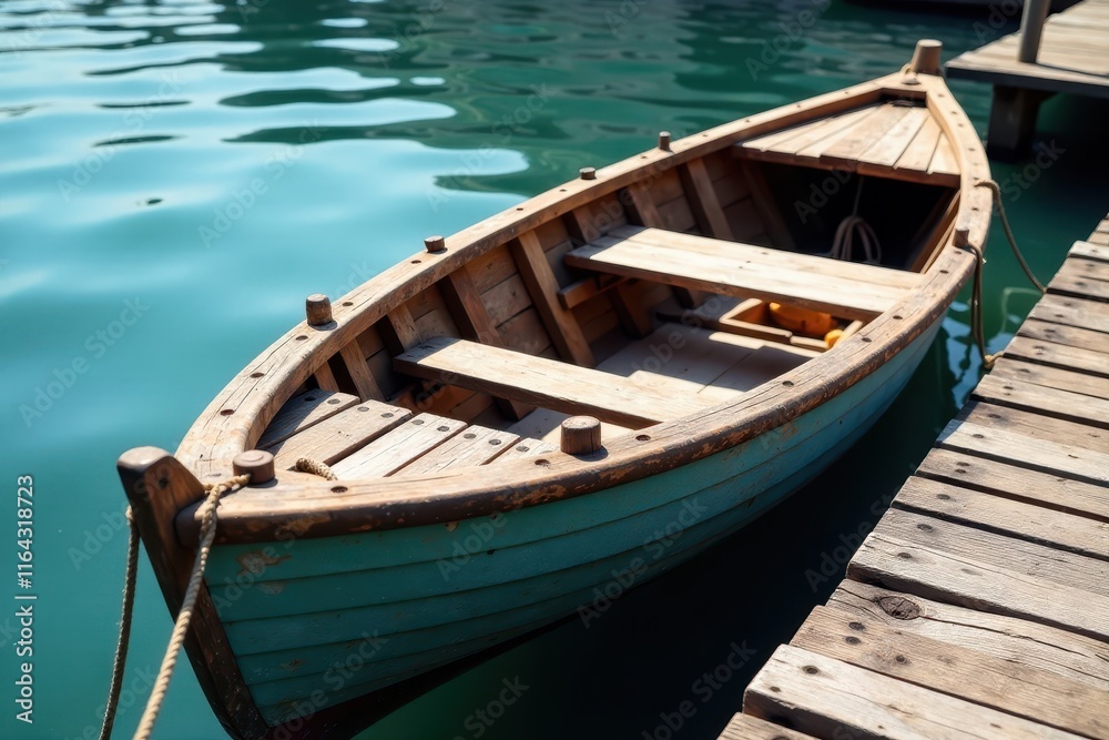 Old wooden boat on dock with weathered wooden planks and ropes, driftwood, nautical Old wooden boat on dock with weathered wooden planks and ropes, driftwood, nautical