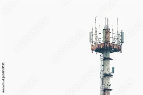 A telecommunications tower with antennas, used for signal transmission. isolated on white background