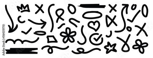 Line shape marker underline, arrow, check, cross, heart element set. Hand drawn sketch marker underline shape, stroke element.