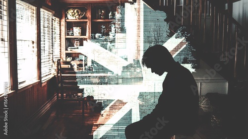 double exposure image featuring a half-transparent Union Flag merged with a shadowed figure of a person sitting alone in a dark room, their posture conveying emotional heaviness and sadness. 
