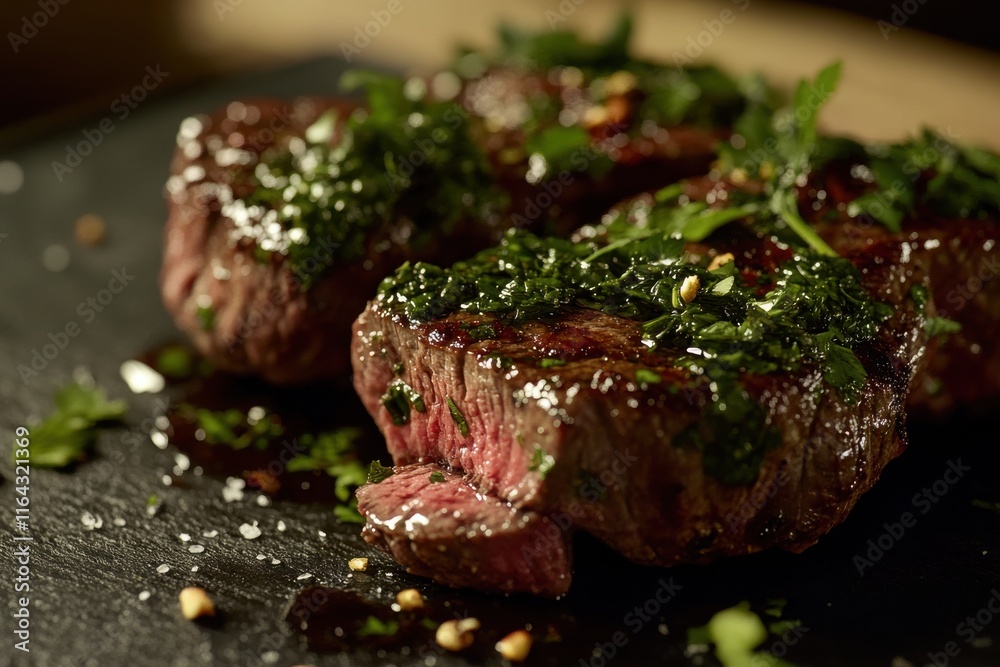 Delicious grilled steak topped with fresh chimichurri sauce and sprinkled with spices.