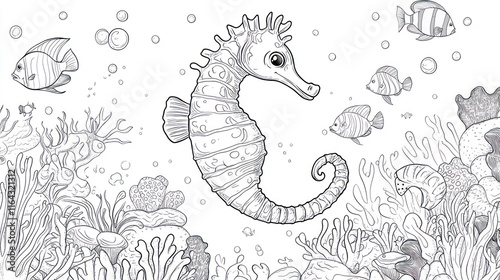 Cute seahorse illustration with ocean coral reef and fish. photo