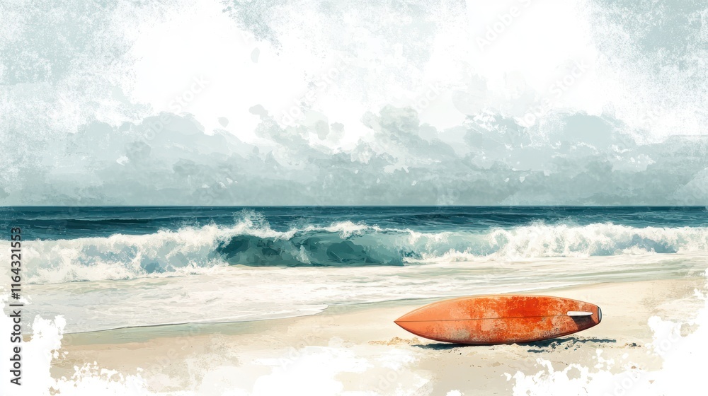 Orange surfboard on sandy beach, ocean waves. Orange surfboard on sandy beach, ocean waves.