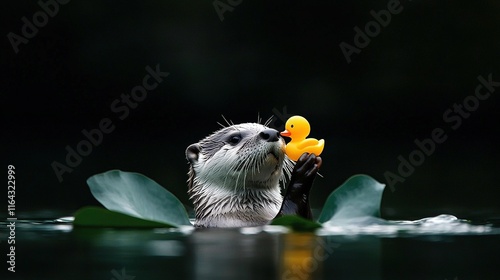   Sea otter with rubber duck in mouth on top of water photo