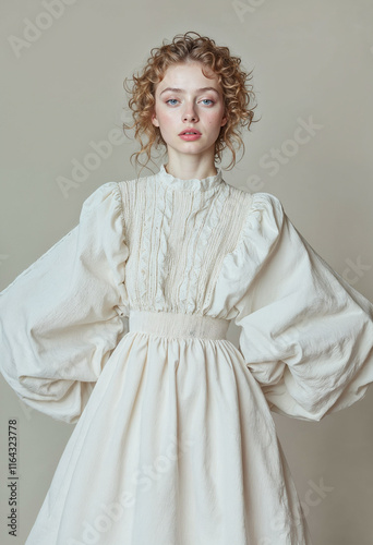 young woman in a long light beige linen dress