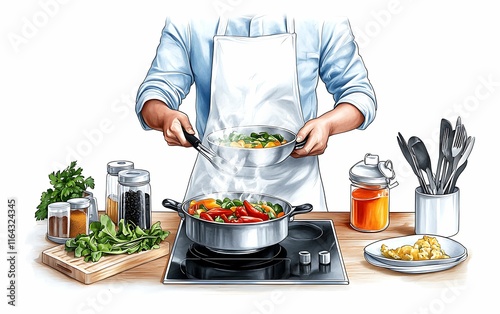 A chef in an apron prepares a colorful dish on a stove, surrounded by fresh ingredients, spices, and kitchen utensils, embodying culinary creativity and passion. photo