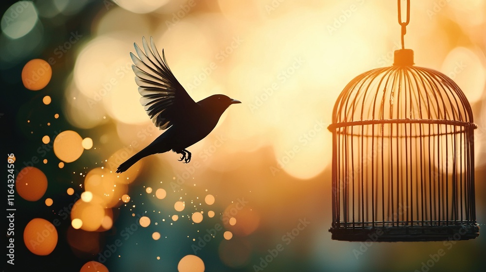 Fototapeta premium A bird soaring from a cage dangling in front of a hazy backdrop
