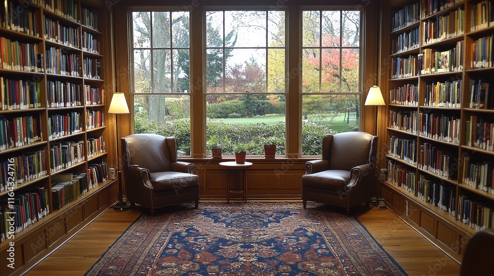 A quiet library corner features two armchairs beside a small table, surrounded by bookshelves. Large windows offer a view of colorful autumn foliage outside, creating a peaceful atmosphere. A quiet library corner features two armchairs beside a small table, surrounded by bookshelves. Large windows offer a view of colorful autumn foliage outside, creating a peaceful atmosphere.