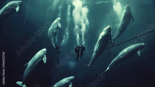Divers filming beluga whales underwater in a deep ocean environment