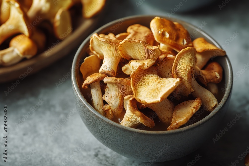 A close-up of fresh chanterelle mushrooms in a dark gray bowl, showcasing their vibrant colors and textures. A close-up of fresh chanterelle mushrooms in a dark gray bowl, showcasing their vibrant colors and textures.