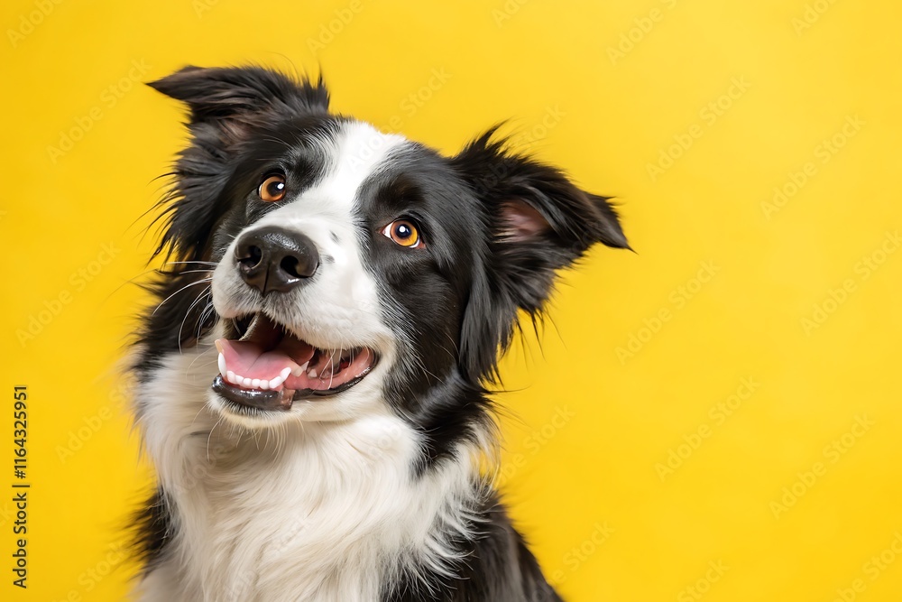 Fototapeta premium Happy smiling Border Collie on yellow background, ideal for pet care advertisements, pet shop banners, and animal welfare cards.