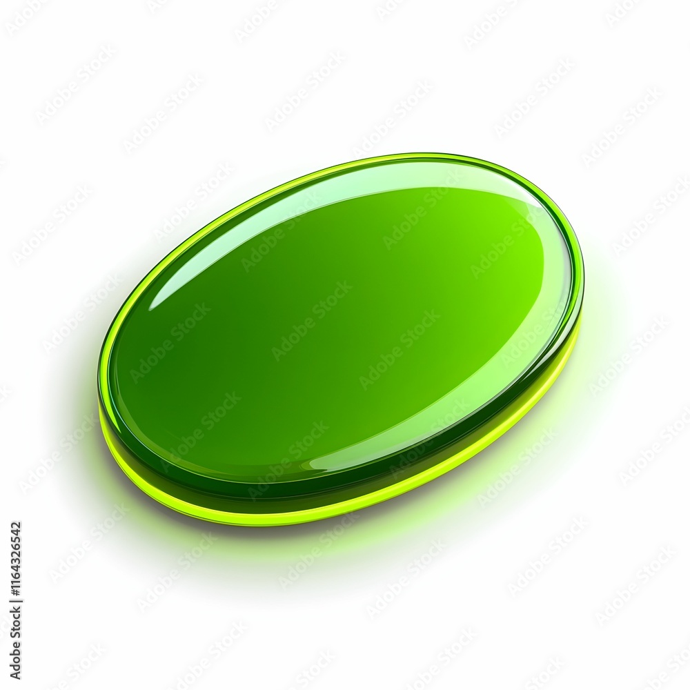 Bright green oval object resting on a white surface reflecting light and shadows Bright green oval object resting on a white surface reflecting light and shadows