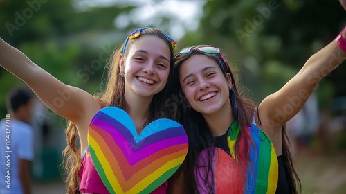 A twin sister celebrating LGBTQ and gay freedom at solidarity march. Unity and diversity in Pride month.