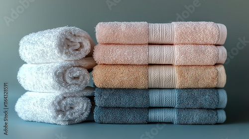   A blue table with two stacks of folded towels on either side and a third stack of towels on top photo