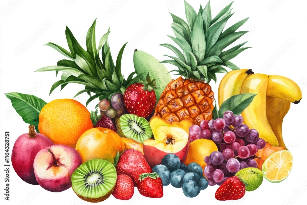 A selection of colorful fruits arranged neatly on a white background, ideal for use in food styling or as a decoration A selection of colorful fruits arranged neatly on a white background, ideal for use in food styling or as a decoration