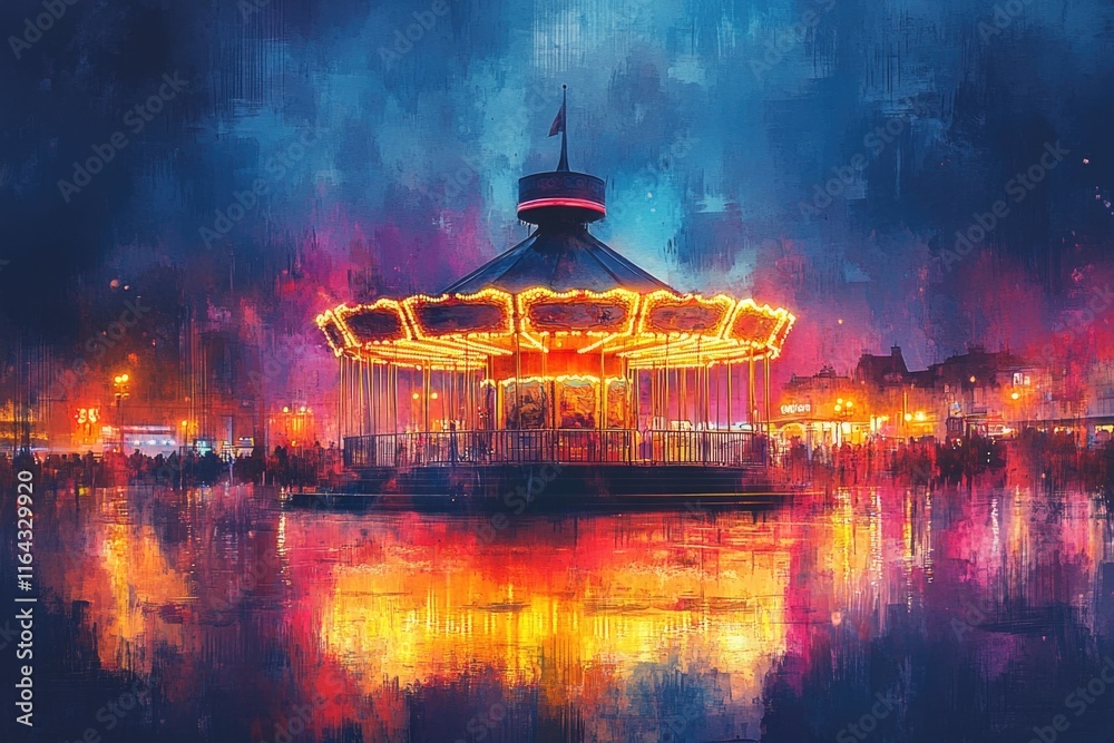 Obraz premium A colorful carousel in the heart of the city at night