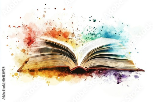 A watercolor illustration of a classic open book with colorful splashes