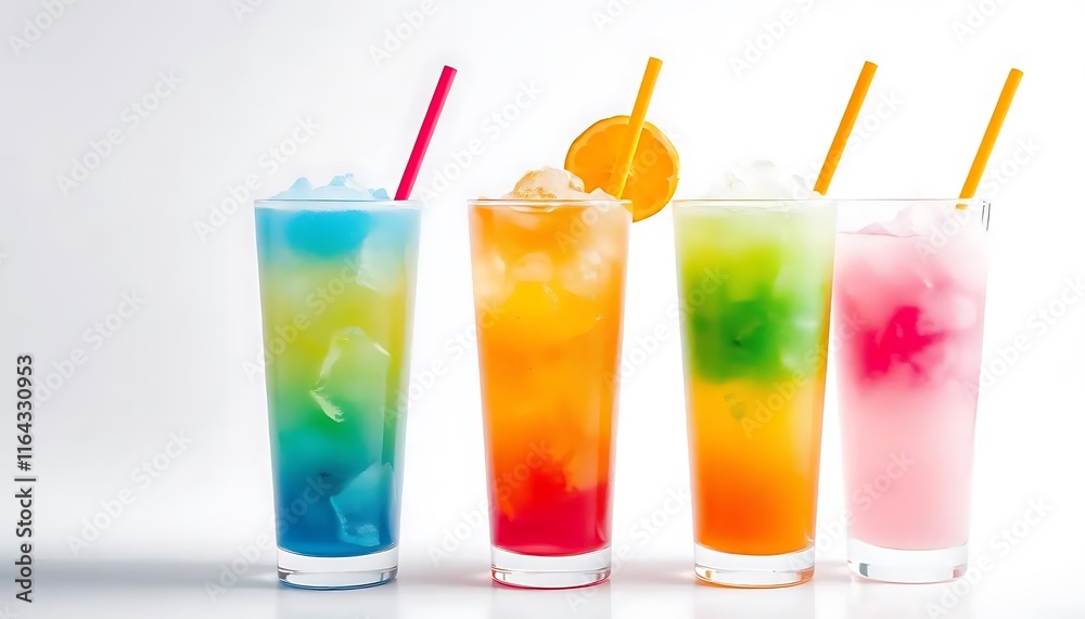 cups with rainbow colored slush ice drinks, row on white background cups with rainbow colored slush ice drinks, row on white background