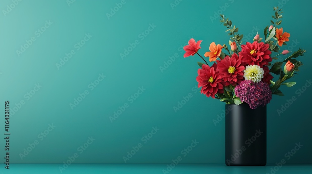 Fototapeta premium Black vase with colorful flowers on blue surface, surrounded by green background