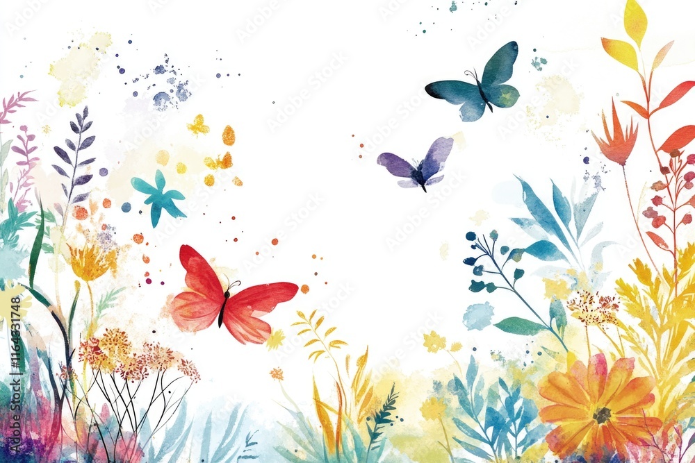 Obraz premium A colorful illustration of flowers and butterflies in a natural setting