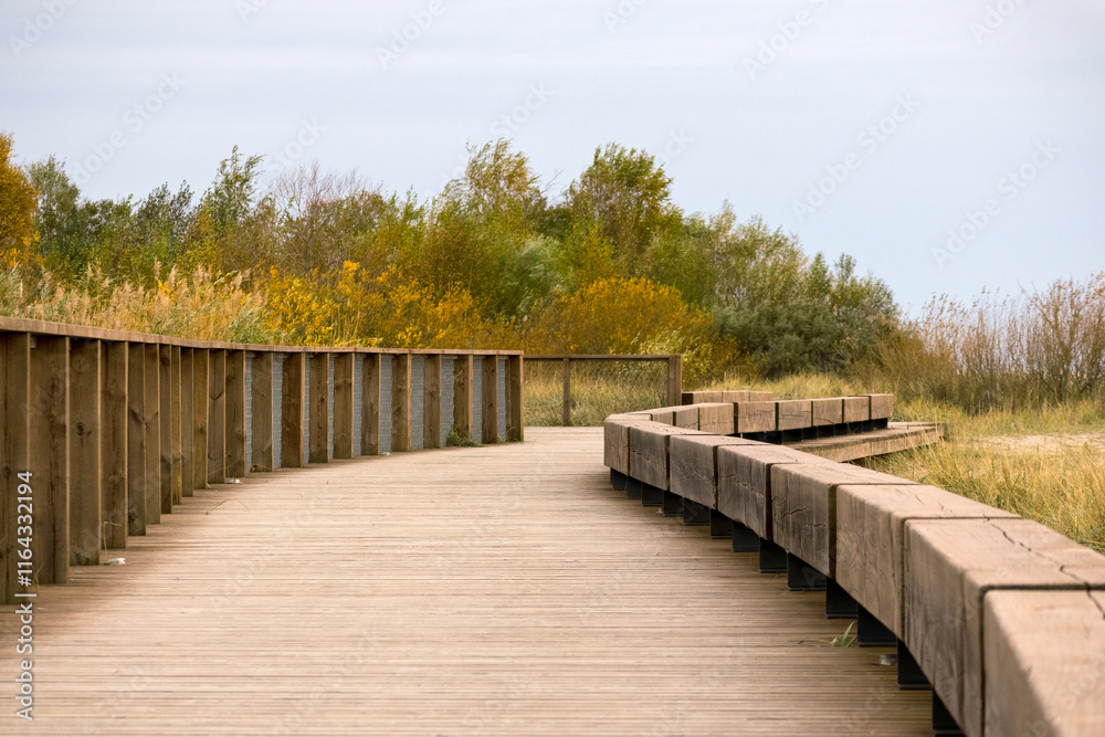 A curving wooden bridge winds along the beach A curving wooden bridge winds along the beach
