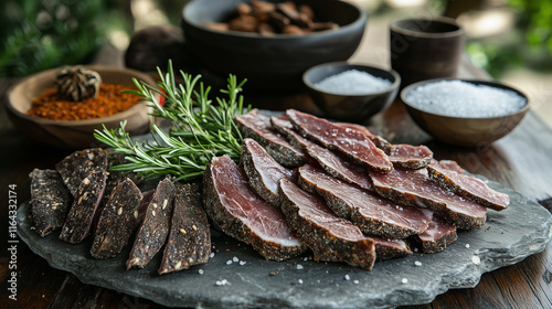 Biltong slices with rosemary and spices on slate platter