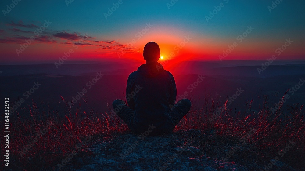 Obraz premium Person atop hill, gazing at sunset's hues of red and blue against backdrop of distant sky