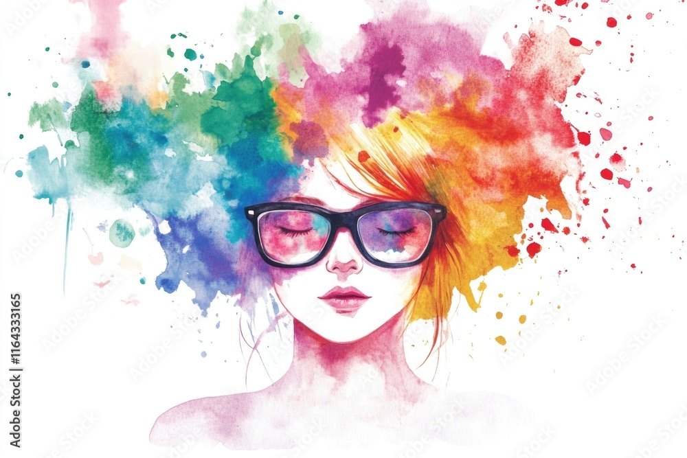 Obraz premium A person wearing colorful hair and glasses, possibly a creative or artistic individual