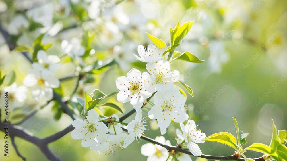 Obraz premium A white-flowered tree branch with green foliage in the foreground and a soft background