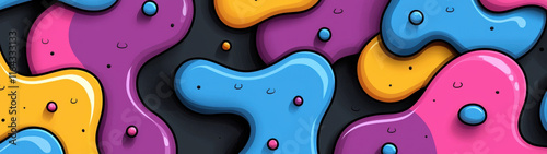 A whimsical cartoon background filled with vibrant blobs and shapes in 3D, blending dark blue and magenta hues