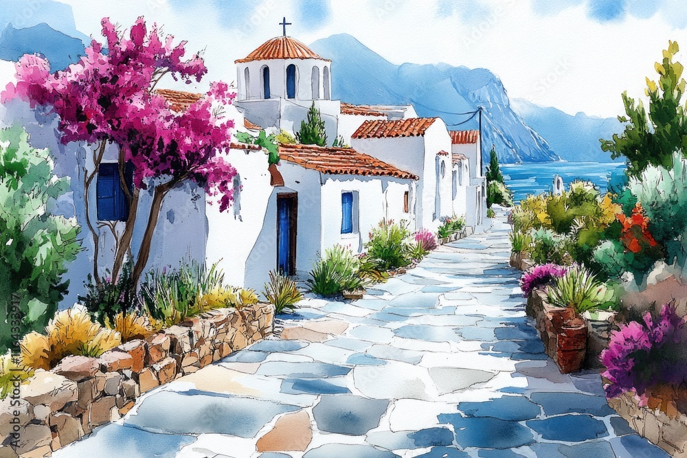Obraz premium Colorful watercolor illustration of a street scene with a church visible in the distance