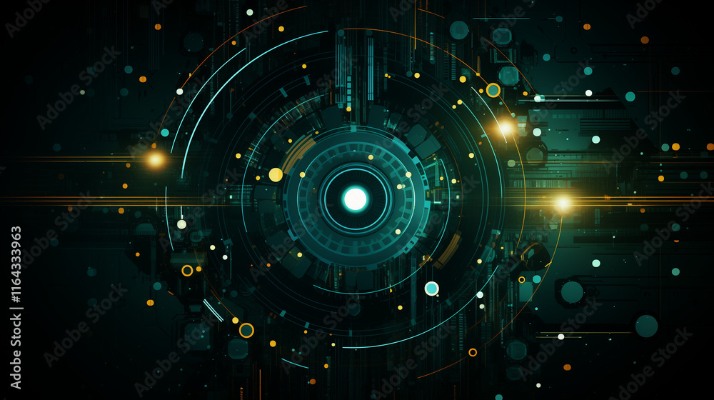 Obraz premium Dynamic abstract background featuring colorful circles in dark turquoise and light emerald cybersteampunk style