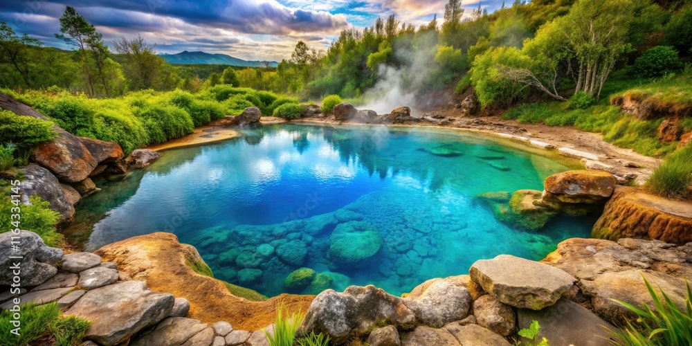 Warm Geothermal Pool with Vibrant Blue Water Surrounded by Natural Rock and Lush Vegetation in Stunning Macro Photography Warm Geothermal Pool with Vibrant Blue Water Surrounded by Natural Rock and Lush Vegetation in Stunning Macro Photography