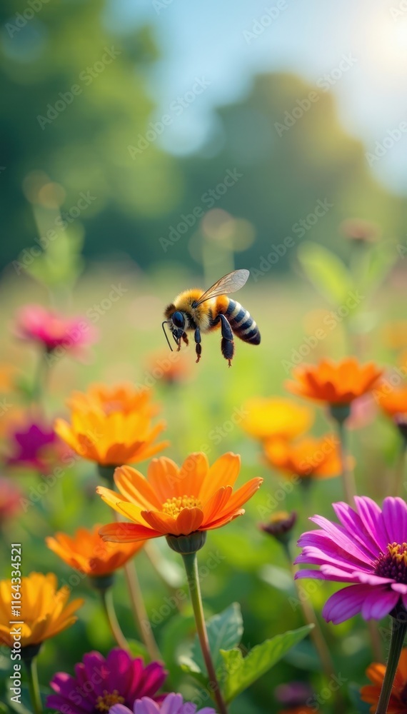 Honeybee in flight above a field of colorful blooms , closeup, colorful, meadow Honeybee in flight above a field of colorful blooms , closeup, colorful, meadow