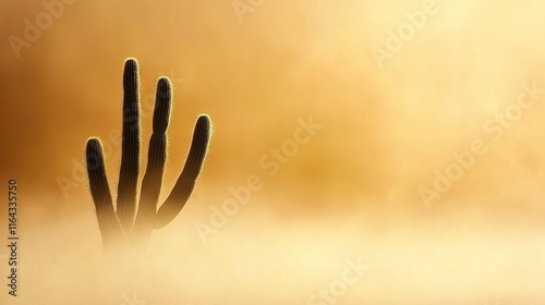  A lone cactus against a barren desert backdrop, framed by a hazy field below
