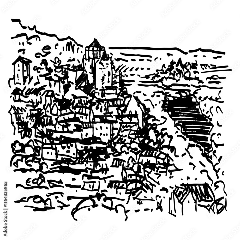 Obraz premium The Château de Castelnaud on Dordogne river in France. View of the medieval French fortress or castle. Hand drawn linear doodle rough sketch. Black and white silhouette.