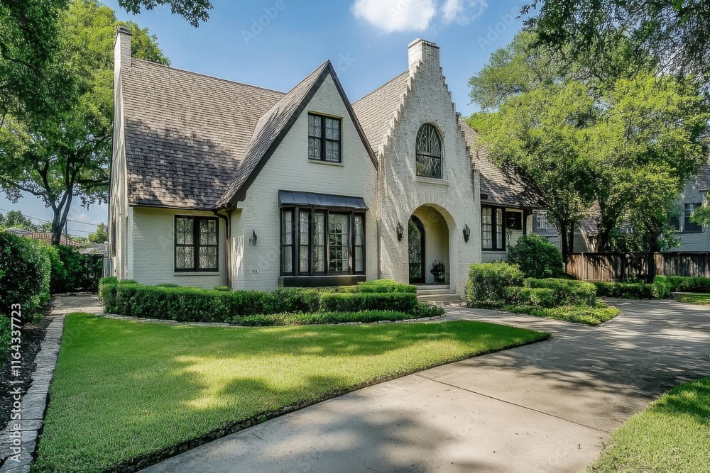 Charming white house surrounded by lush greenery on a tranquil street in the suburbs during daytime Charming white house surrounded by lush greenery on a tranquil street in the suburbs during daytime