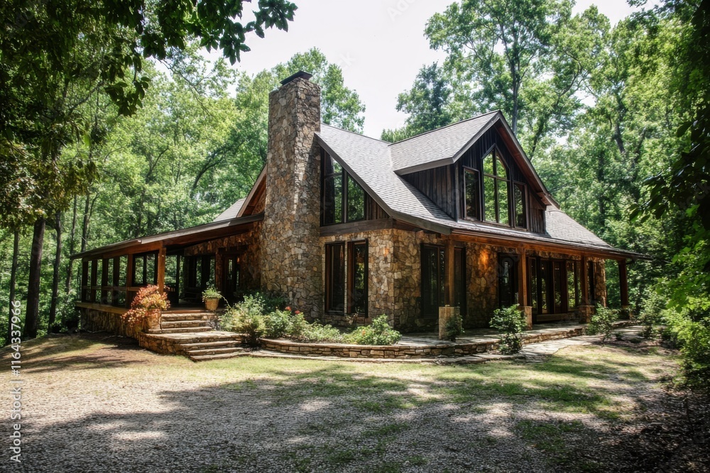 Rustic stone house surrounded by lush greenery in a serene forest setting attracts nature lovers and vacationers Rustic stone house surrounded by lush greenery in a serene forest setting attracts nature lovers and vacationers