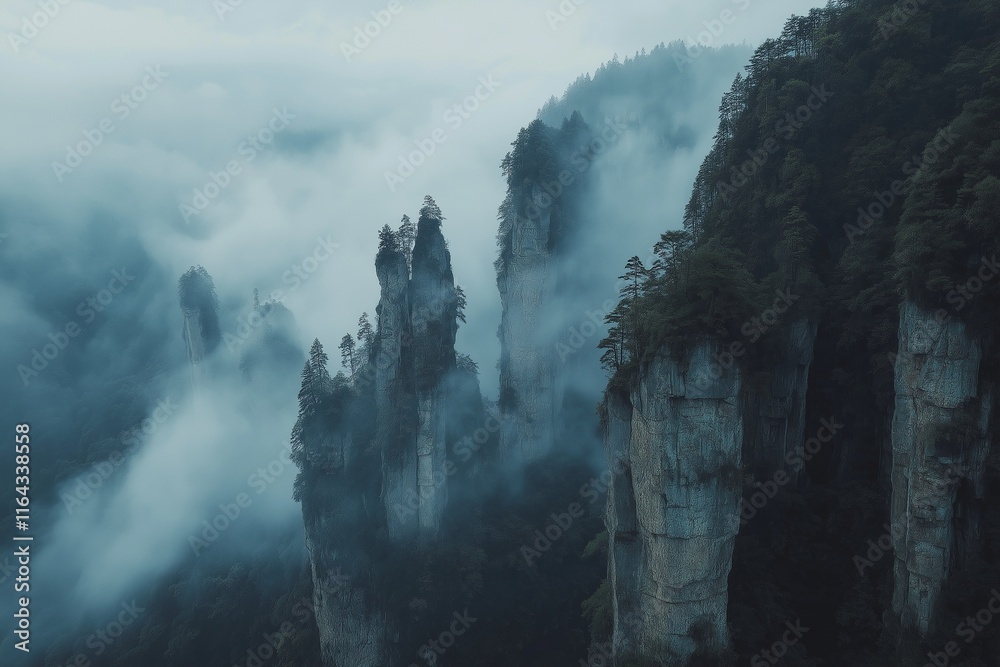Fototapeta premium Misty Floating Sandstone Pillars in Lush Forest
