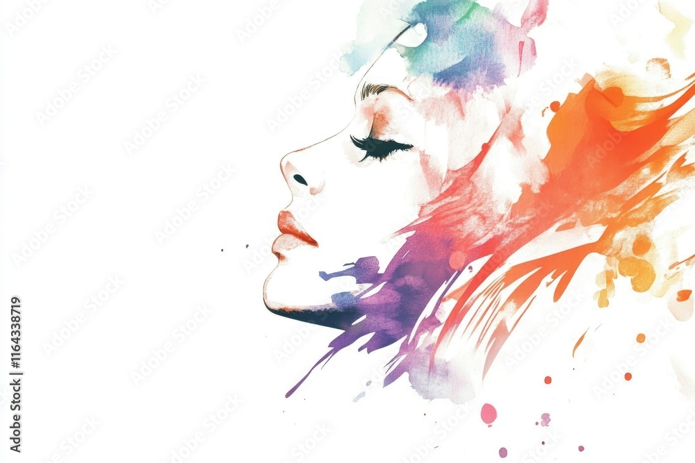 Obraz premium A woman's face painted with vibrant watercolors on a white background